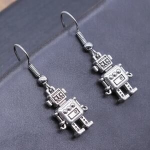 Womens Robot AI Earrings Novelty Jewelry Dangle Drop Adorable Earrings Silver